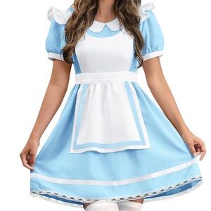 Spadehill Women Blue White Alice Halloween Costume Dress & Apron Size Large NWOT